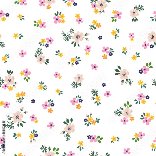 Fototapeta A pattern of pink, orange, purple and soft neutral beige flowers with green leaves. Seamless floral vector repeating pattern.