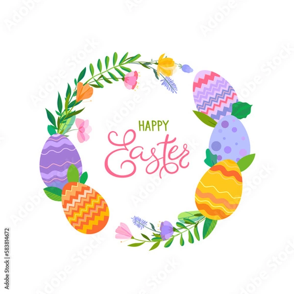 Fototapeta Happy Easter vector illustration. Trendy Easter design with typography, wreath, eggs and spring flowers in soft colors for banner, poster, greeting card.