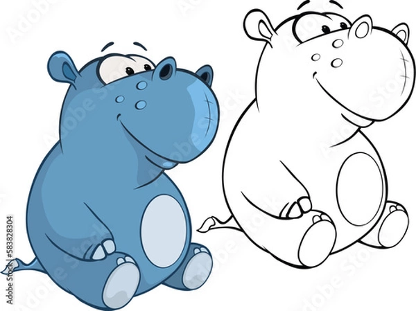 Obraz Vector Illustration of a Cute Cartoon Character Hippo for you Design and Computer Game. Coloring Book Outline Set