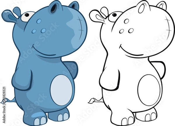 Fototapeta Vector Illustration of a Cute Cartoon Character Hippo for you Design and Computer Game. Coloring Book Outline Set