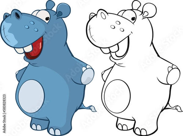 Fototapeta Vector Illustration of a Cute Cartoon Character Hippo for you Design and Computer Game. Coloring Book Outline Set