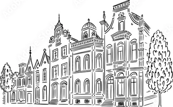 Obraz An old building drawn in perspective. Linear illustration.