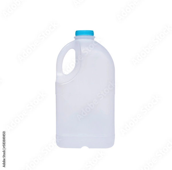 Obraz Empty white plastic milk gallon container with blue lid isolated on transparent background, png file