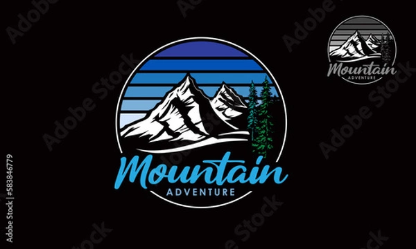 Fototapeta Mountain Adventure Vector Logo Template. The main symbol of the logo is mountains and pines tree this logo symbolizes a nature, peace, and calm, this logo also look modern, sporty, simple and young. 