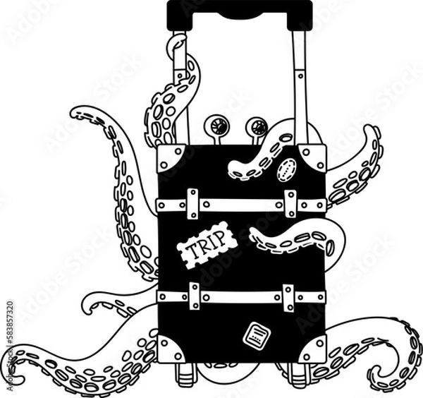 Fototapeta Cartoon funny monsters. Cute little octopus is going on a trip with a suitcase. Vector illustration.