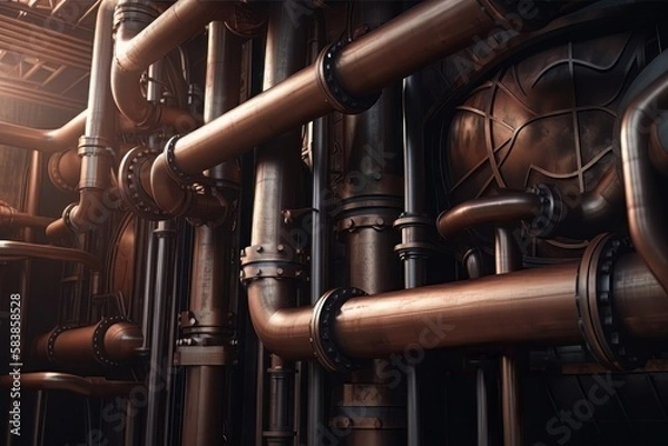 Fototapeta A steampunk illustration with gears, pipes, lights and steam. Generative AI