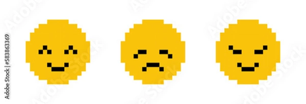 Fototapeta Yellow Pixel 8bit Smileys Set. Happy, smiling, sad, crying and angry emojies, Y2K emotions. (Full vector)