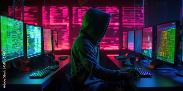 Fototapeta Hacker Surrounded by Neon Screens in a Dark Cryptic Setting. generative ai.