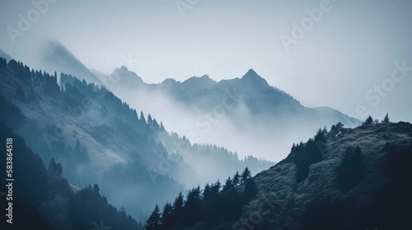 Fototapeta mountains in the fog - generative ai