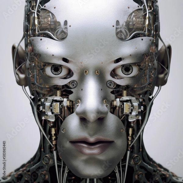 Fototapeta Extremely detailed futuristic robot or cyborg head in profile view. Isolated - generative ai