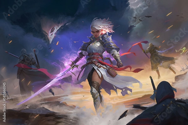 Fototapeta Fantasy Concept Art |  world of adventure with stunning 2D art featuring heroic fantasy female characters. courageous hero standing tall in midst of raging storm, ready to face any challenge. Ai