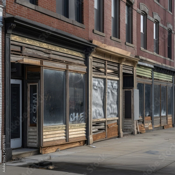 Fototapeta An empty street with abandoned shops and buildings due to poverty - generative ai