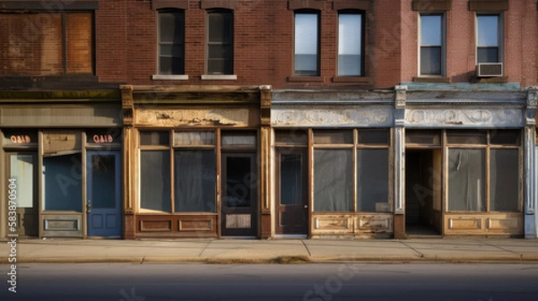 Fototapeta An empty street with abandoned shops and buildings due to poverty - generative ai