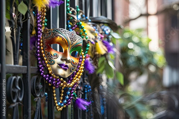 Fototapeta New Orleans Mardi Gras mask with bead necklaces hanging on wrought iron fence in the day created with Generative AI technology