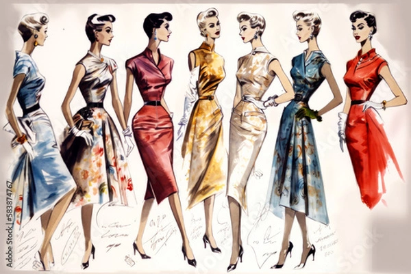 Fototapeta Fashion Book, blending ink pen sketches & watercolor, revealing dress 50's design concepts. Dive into style, patterns, & haute couture with vivid illustrations & designer insights. Generative AI