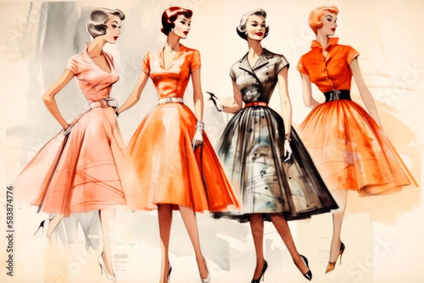 Fototapeta Fashion Book, blending ink pen sketches & watercolor, revealing dress 50's design concepts. Dive into style, patterns, & haute couture with vivid illustrations & designer insights. Generative AI