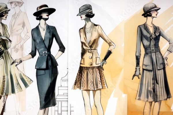 Fototapeta Fashion Book, blending ink pen sketches & watercolor, revealing dress 50's design concepts. Dive into style, patterns, & haute couture with vivid illustrations & designer insights. Generative AI