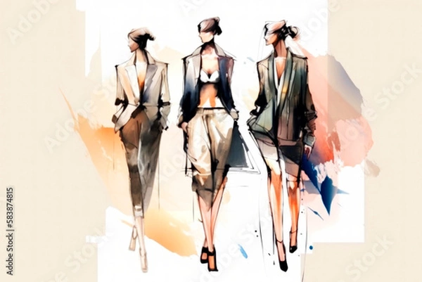 Fototapeta Fashion Book, blending ink pen sketches & watercolor, revealing dress design concepts. Dive into style, patterns, & haute couture with vivid illustrations & designer insights. Generative AI