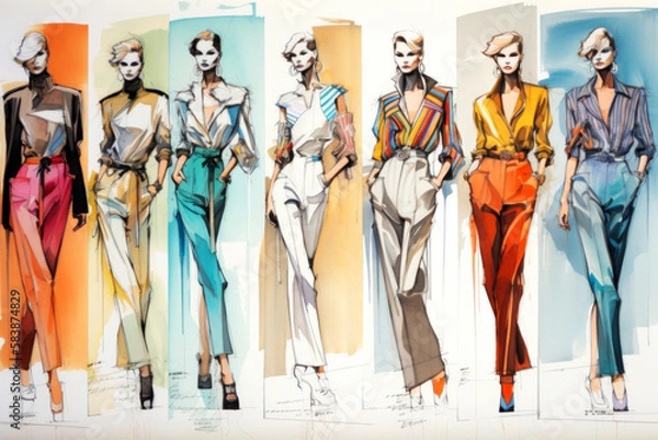 Fototapeta Fashion Book, blending ink pen sketches & watercolor, revealing dress design concepts. Dive into style, patterns, & haute couture with vivid illustrations & designer insights. Generative AI