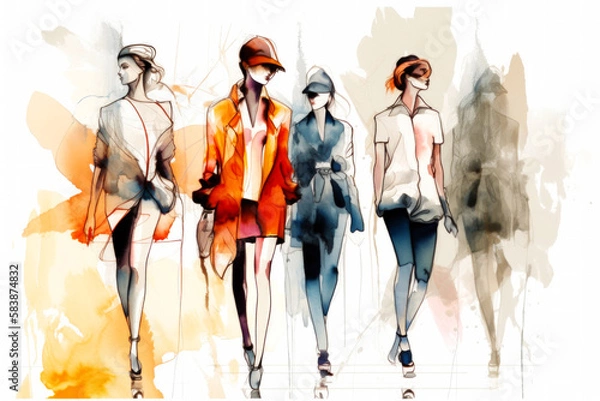 Fototapeta Fashion Book, blending ink pen sketches & watercolor, revealing dress design concepts. Dive into style, patterns, & haute couture with vivid illustrations & designer insights. Generative AI