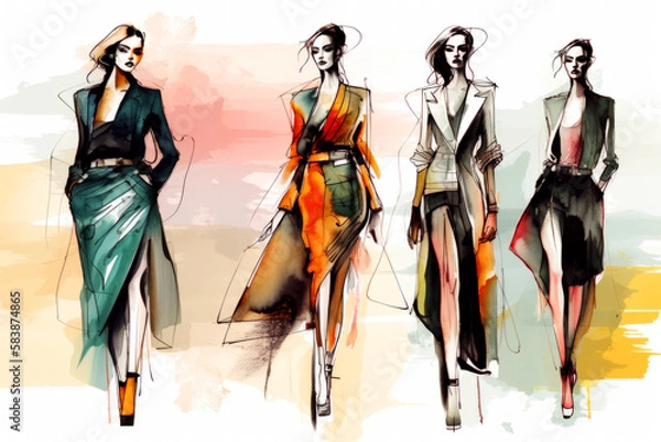 Fototapeta Fashion Book, blending ink pen sketches & watercolor, revealing dress design concepts. Dive into style, patterns, & haute couture with vivid illustrations & designer insights. Generative AI