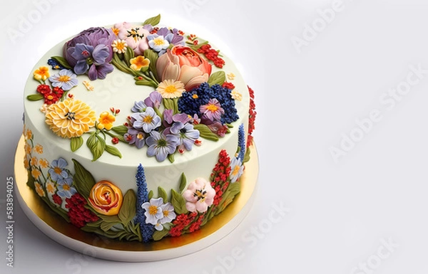 Fototapeta Cake with cream, spring flowers on a white background. Banner. Generated AI