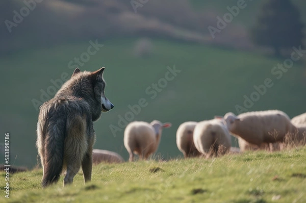 Fototapeta Wolf watching herd of sheep on the meadow. Generative AI