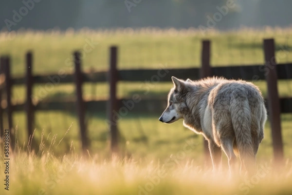 Fototapeta Wolf watching an empty fenced grazing land. Generative AI