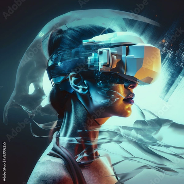 Fototapeta Vr headset, double exposure, metaverse