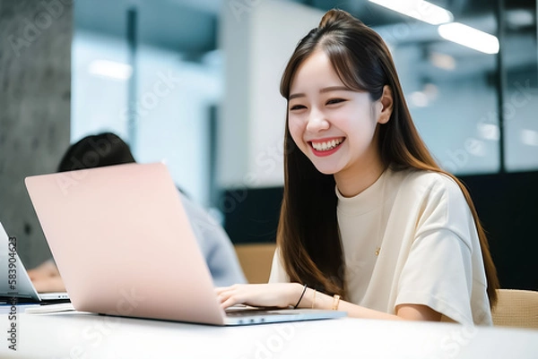 Obraz Office Working Girl, Pretty and Cute Asian Smile is sitting in front of Laptop Computer in Office Environment Background created with generative AI.