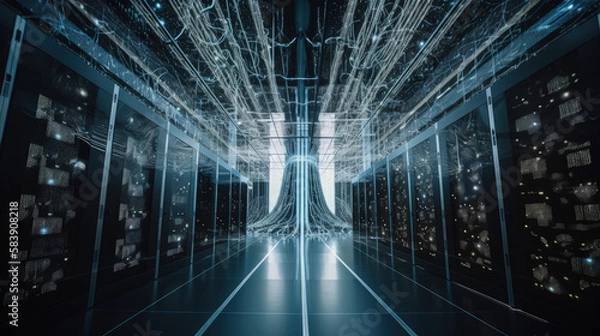 Fototapeta Artificial intelligence server room with glowing nodes and connections that illustrate the complex neural networks - generative ai