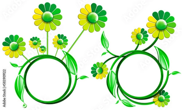 Obraz Frames with green leaves and daisy flowers isolated on white or transparent background with copy space. 3d illustration. Png.