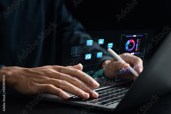 Fototapeta Business planning and strategy concept. Businessman analyzing sales data and financial charts. Profit analysis and sales increase planning.