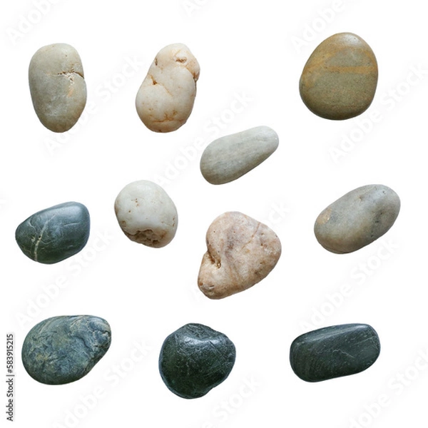 Obraz 複数の自然石の小石。平置きの俯瞰撮影。透過背景。