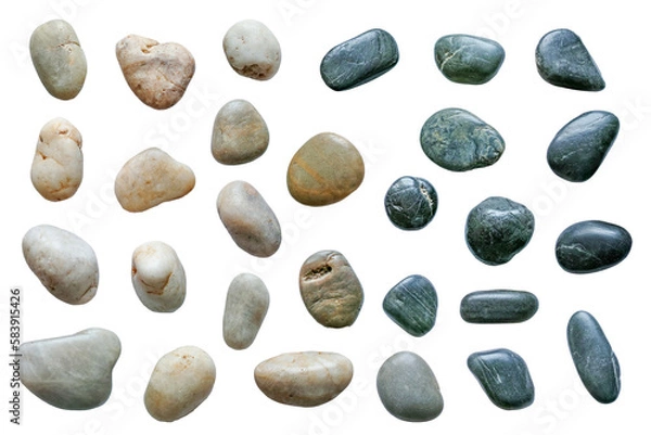 Obraz 複数の自然石の小石。平置きの俯瞰撮影。透過背景。