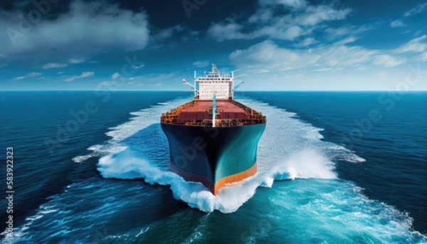 Fototapeta A bulk carrier freight ship traveling on full motion over blue sea with Generative AI Technology
