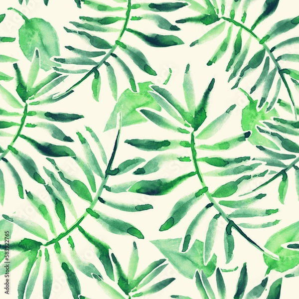Fototapeta Summer watercolor seamless tropical pattern with green leaves and branches. Design for textile print, page fill, web, gift wrapping, fabric