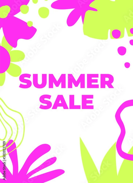 Fototapeta Summer Sale banner with abstract tropical leaves and minimal flowers. Design templates for sale, advertising, promo events. Minimalist and modern style