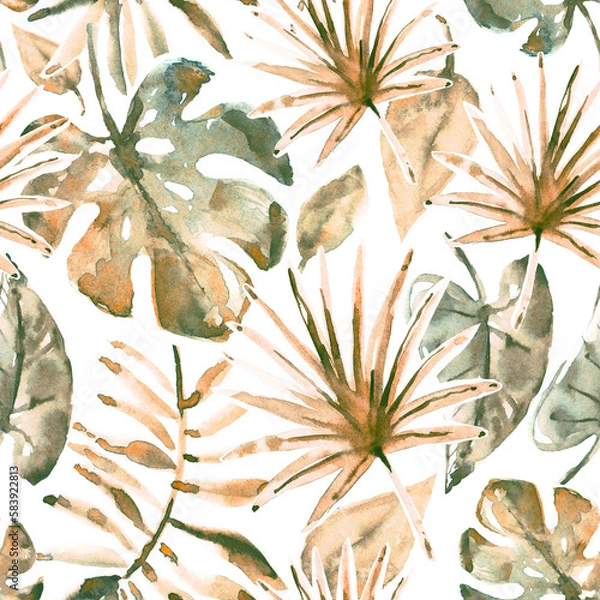 Fototapeta Watercolor seamless tropical pattern with palm leaves. Summer design in golden colors for textile print, page fill, wrapping paper
