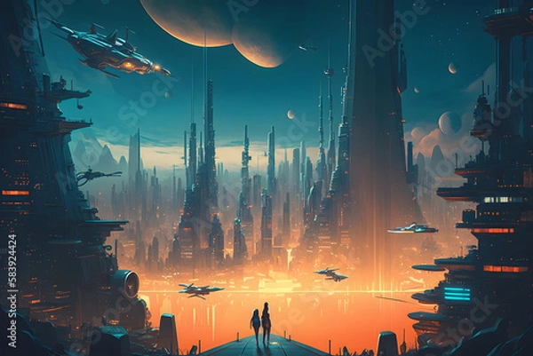 Fototapeta A cyber city of skyscrapers with a futuristic car. Generative AI