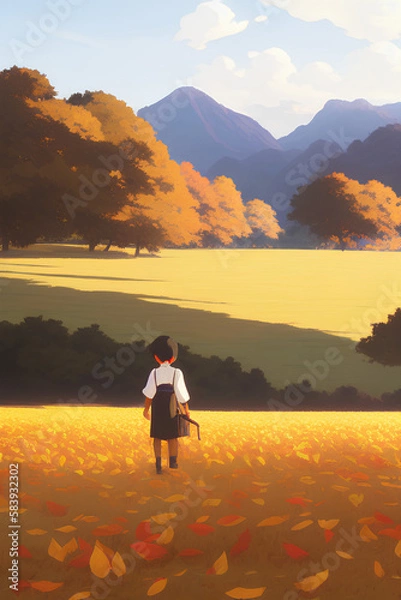 Fototapeta Farmer Harvesting Rice In Farmland During Autumn Fallen Leaves And Distant Mountains created with generative AI technology