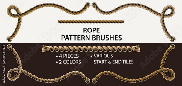 Fototapeta Set of 4 vector rope pattern brushes. 2 colors and 2 different styles of ends. Thin rope. Warm natural colors. Vintage detailed style.