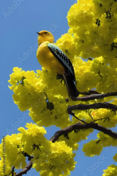Fototapeta Cute Yellow Bird On A Flower Tree created with generative AI technology