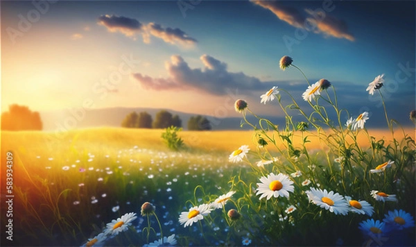 Fototapeta Summer chamomile meadow at sunset. Rustic landscape. Generative AI.