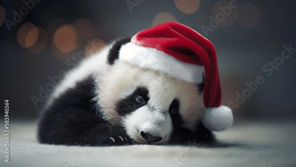 Fototapeta panda in santa hat, Generative AI