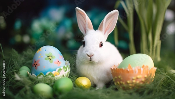 Fototapeta easter bunny and easter eggs, Generative AI