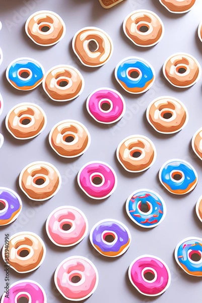 Fototapeta Colorful Donuts Flat Lay On A Plain Color Background created with generative ai technology