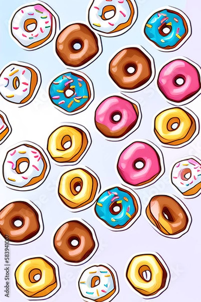 Obraz Colorful Donuts Flat Lay On A Plain Color Background created with generative ai technology