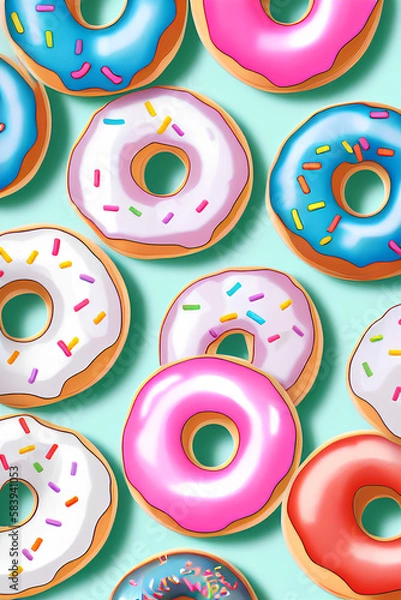 Obraz Colorful Donuts Flat Lay On A Plain Color Background created with generative ai technology