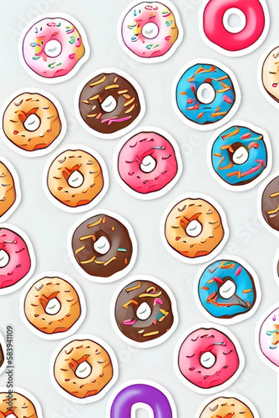 Obraz Colorful Donuts Flat Lay On A Plain Color Background created with generative ai technology